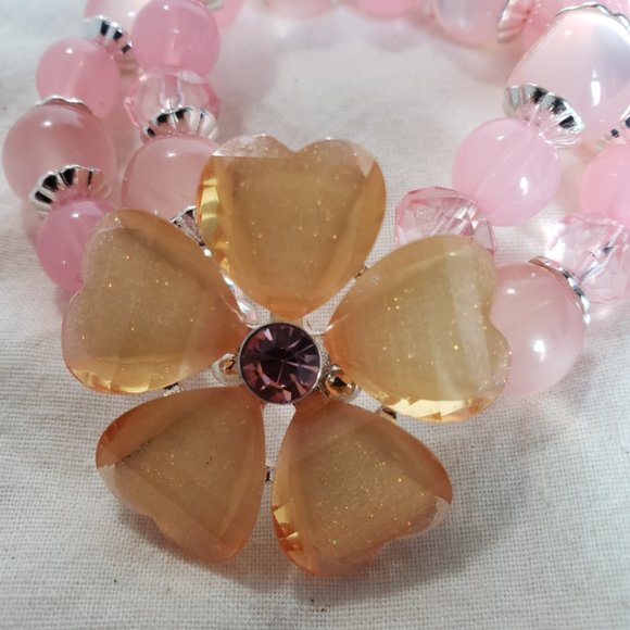 Pink Orange Flower Beaded Double Strand Bracelet Unbranded Elastic Stretchy - Picture 4 of 7